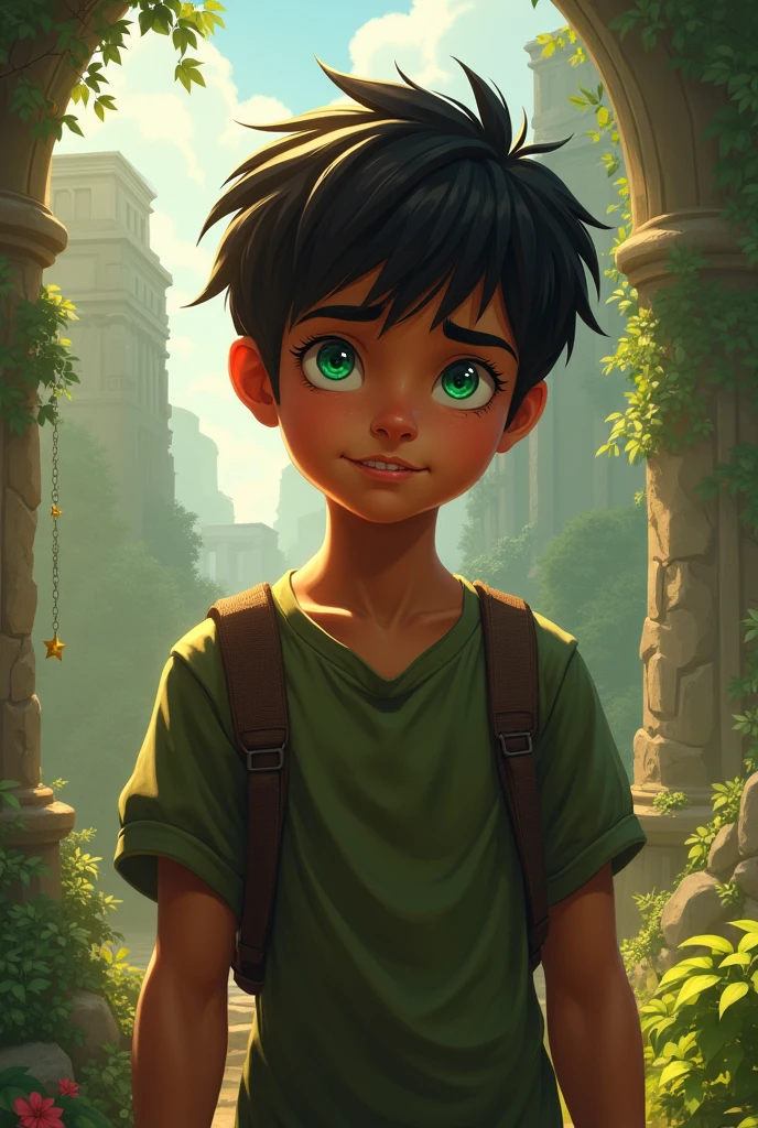 Gere uma foto de percy Jackson, one with brown skin, short-hair, smooth and dark, very vibrant green eyes, a sarcastic smile.
