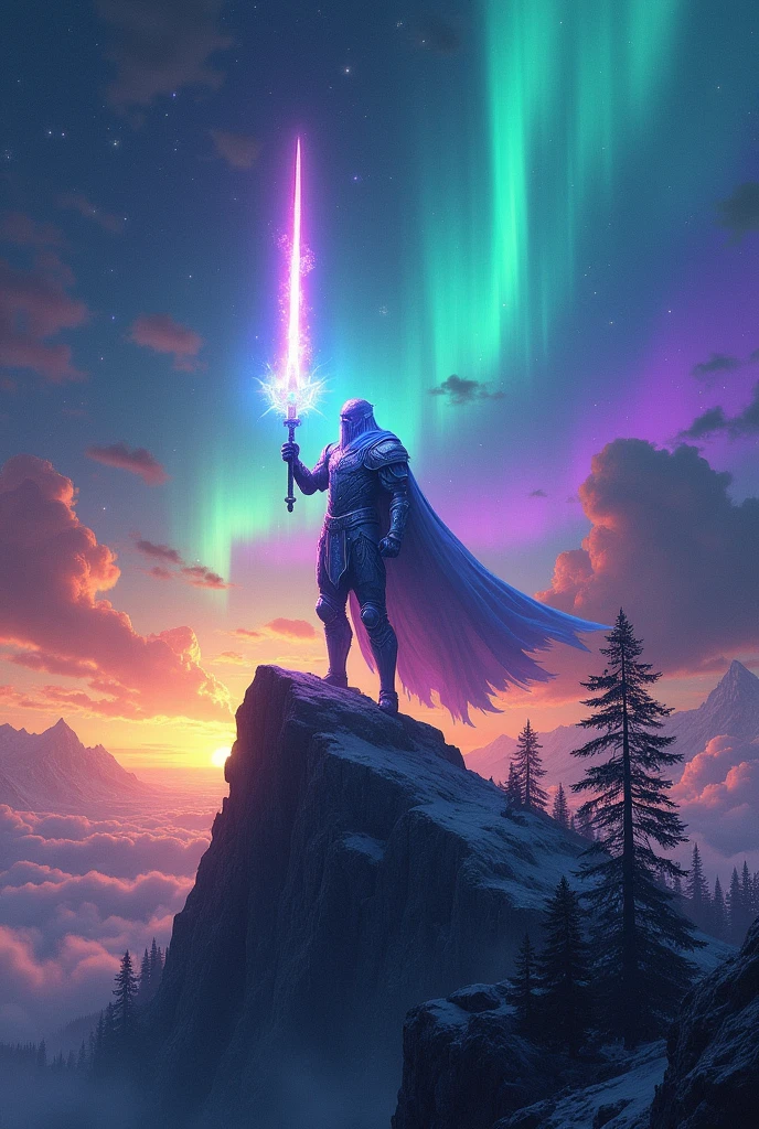 *an imposing hero on top of a mountain*, (northern lights), (luminous armor), (heavenly lights), holding a sword of light, (old book), (mystical power), ao redor, (Nephilims), (demons), (dark creatures), (grimdark), (field of battle), (weathered rocks), (ancient trees), (rivers of neon light), (cor predominate: black and red), The glorious dawn begins to appear on the horizon, bathing the scene in vibrant shades of yellow, purple, and blue, (epic atmosphere), (detailed), (4k Ultra Resolution).