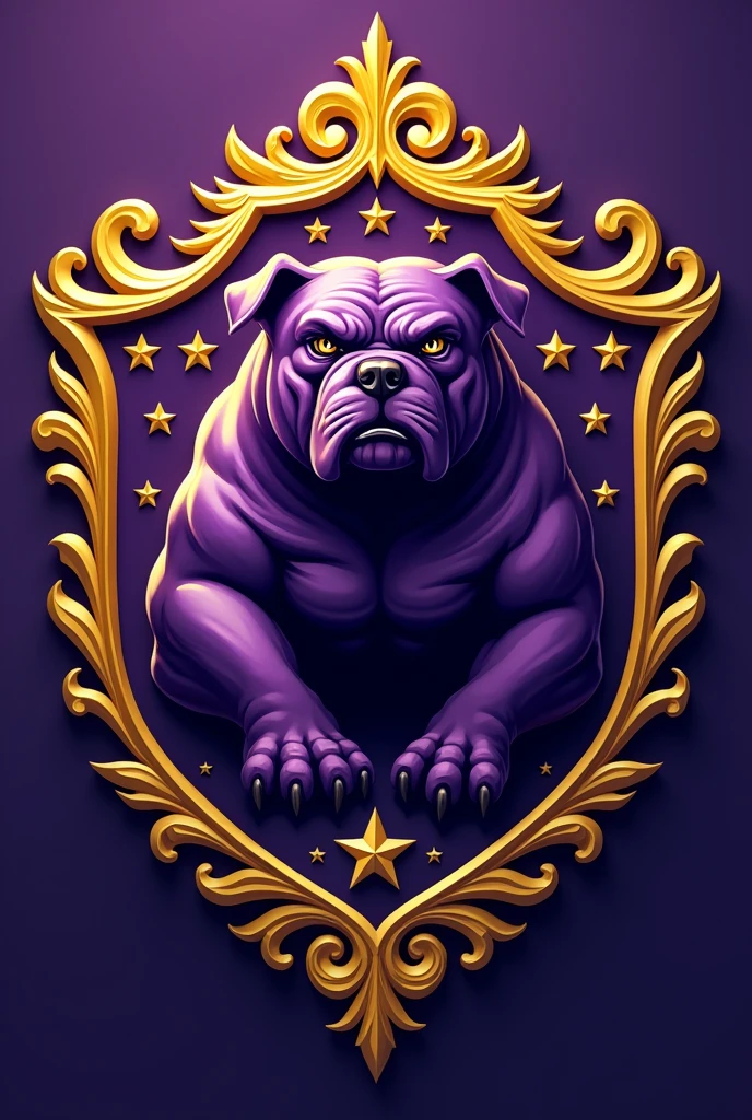 Create a shield for a Brazilian champion football team called Barbalho GBC in Portuguese, purple and gold colors, bulldog