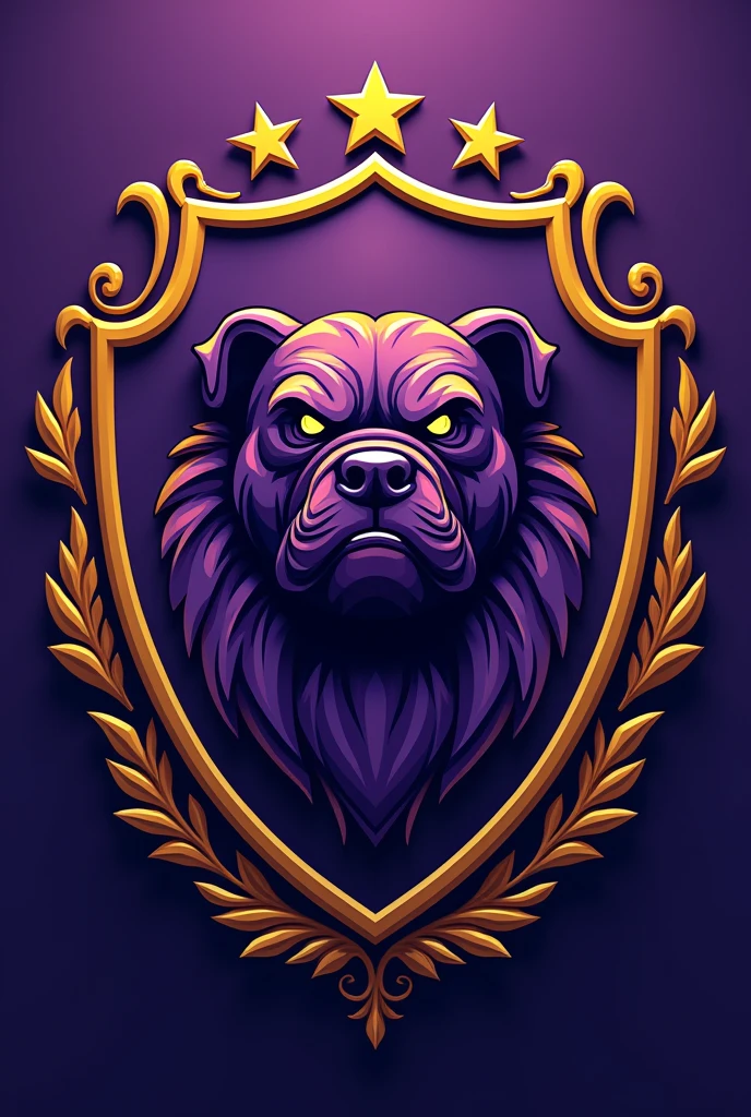 Create a shield for a Brazilian champion football team called Barbalho GBC in Portuguese, purple and gold colors, bulldog