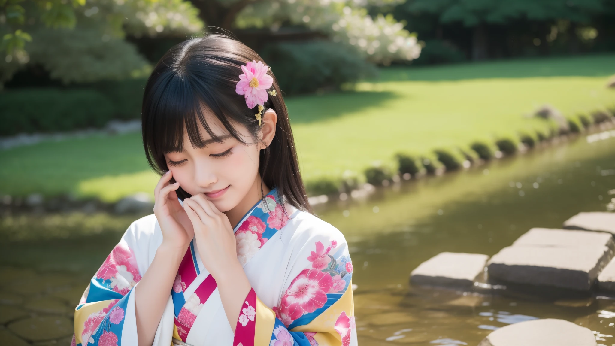 With open arms, Cute crying face, Laughs and Tears, 最high quality、high quality、Best image quality、8k、最High resolution、High resolution、temple, Realistic photos, Healthy body, Beautiful Eyes, Flowing black hair, Colorful kimono, Calm expression, Soft lighting, Traditional Japanese art style, Vibrant colors, Peaceful atmosphere, Delicate features, Graceful posture, Beautiful Landscape