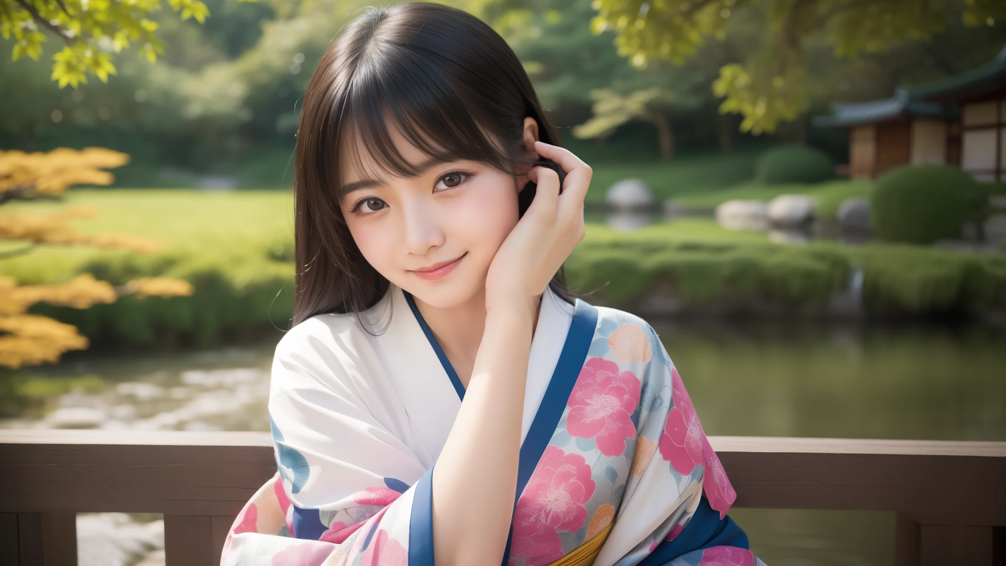 With open arms, Cute crying face, Laughs and Tears, 最high quality、high quality、Best image quality、8k、最High resolution、High resolution、temple, Realistic photos, Healthy body, Beautiful Eyes, Flowing black hair, Colorful kimono, Calm expression, Soft lighting, Traditional Japanese art style, Vibrant colors, Peaceful atmosphere, Delicate features, Graceful posture, Beautiful Landscape