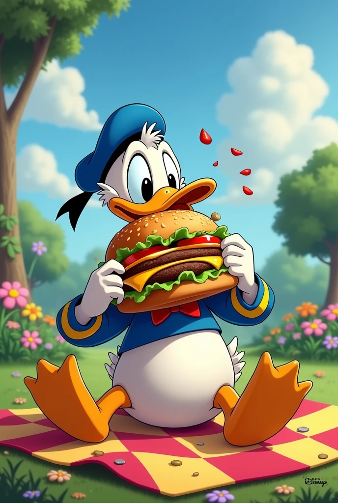 Donald Duck eating a burger