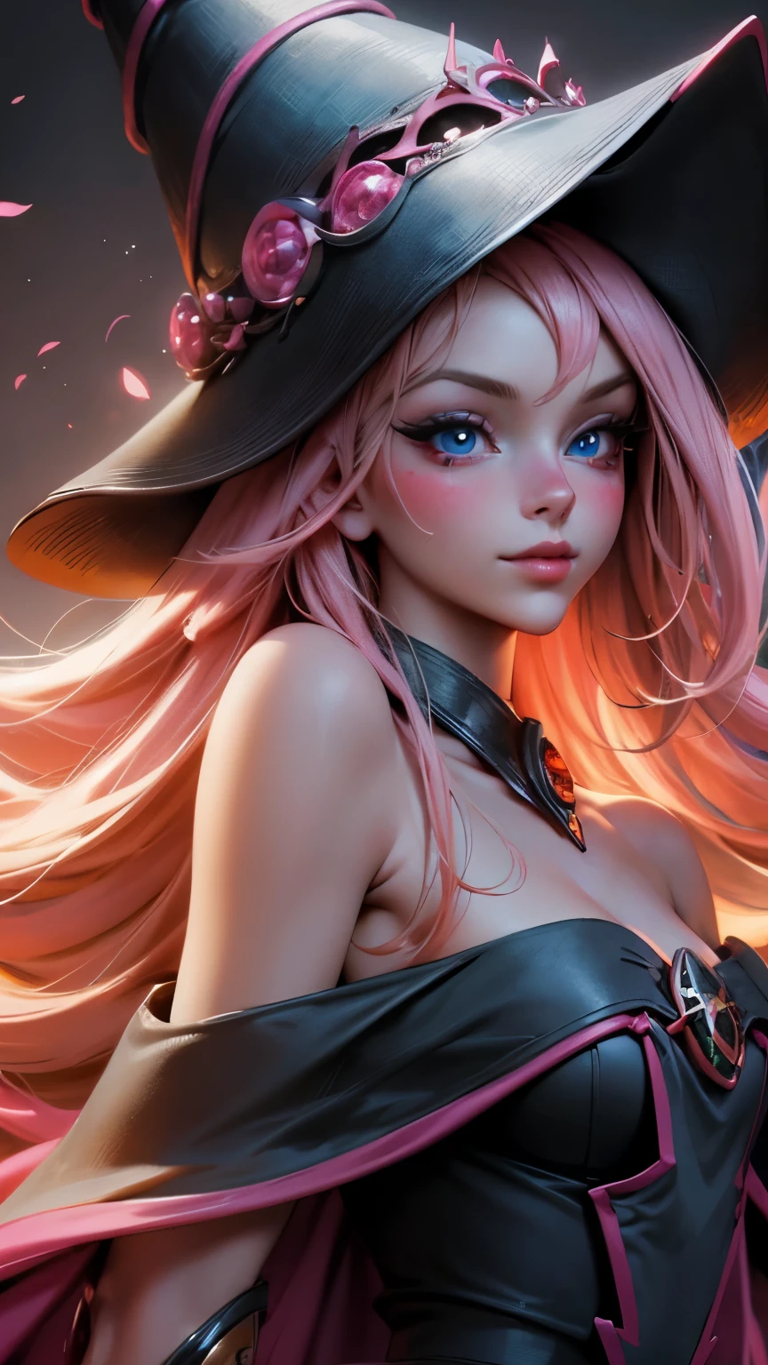 Shot of the beautiful face of dark wizard gils. Extra long eyelashes. blue eyes like crystal. brio in the eyes. pink lips. long blonde hair. exposed shoulders, angelic smile, beautiful well detailed face of the dark wizards gils. She is flirtatious with the viewer. Long and big eyelashes. Half body focus.