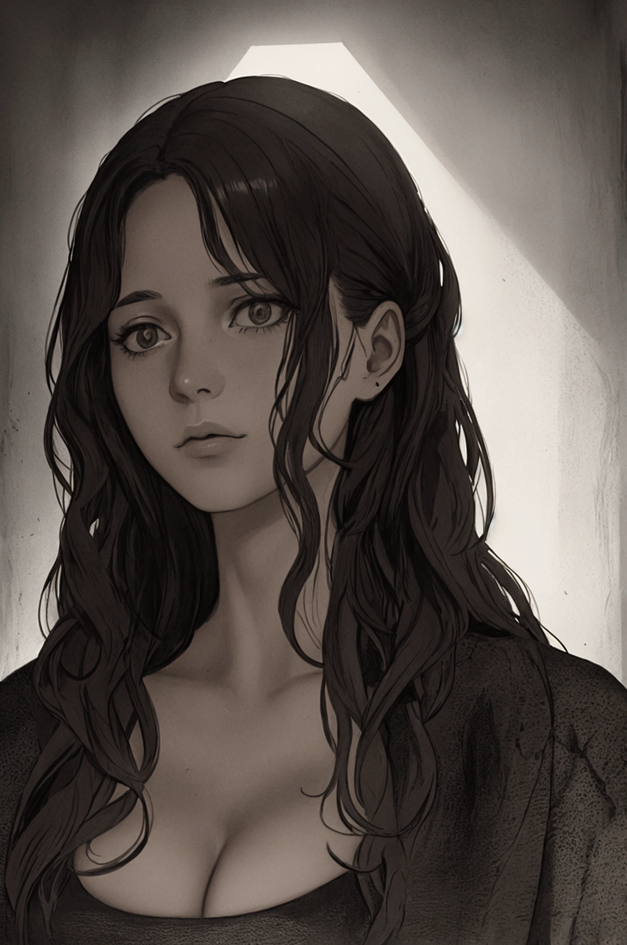 intricate detailed portrait of a woman with dark wavy hair, inside a prison cell, highly detailed, 8k, photorealistic, chiaroscuro lighting, dramatic shadows, moody atmosphere, cinematic composition, muted color palette, realistic textures, intricate details