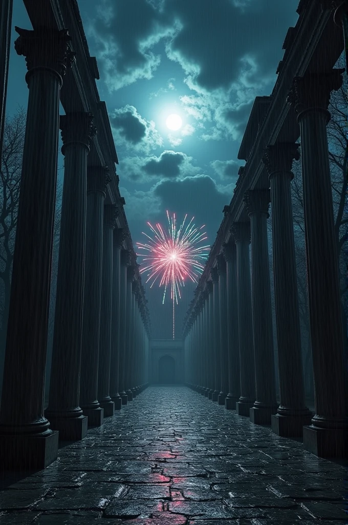 roman catholic church temple, middle ages, in ruins, night with rain, dense clouds and full moon, 4k image, cinematic, high quality, limbos on the walls, presence of demons inside, columns in perspective, roman and greek statues, trees nearby, wet floor, presence of fireworks,