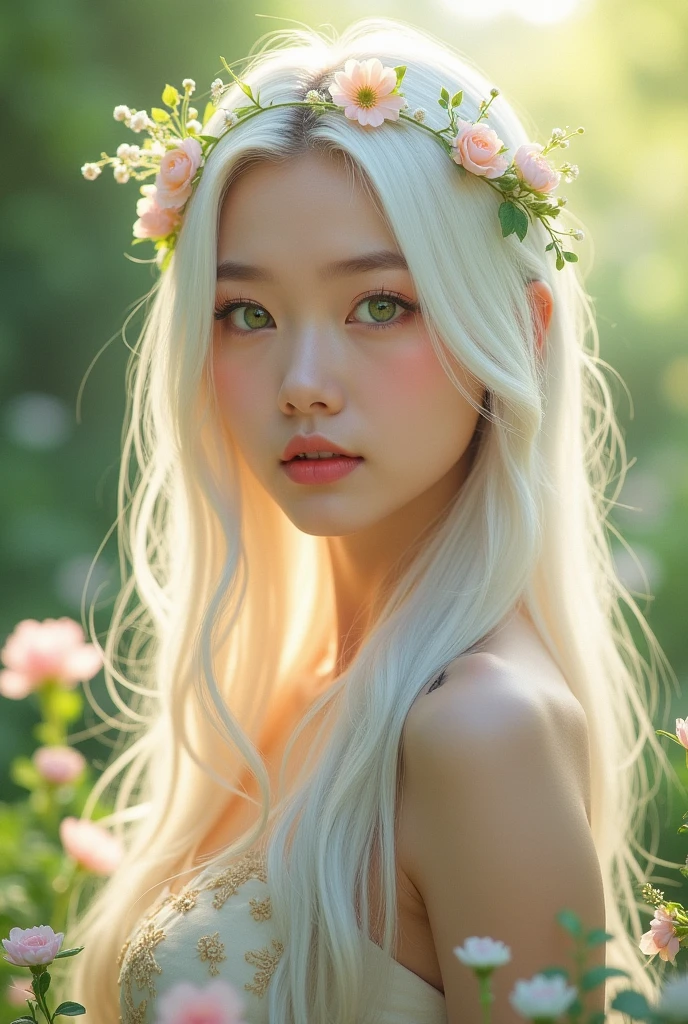 (photorealism:1.2), beautiful woman, white korean blond with green eyes, long straight hair, bunny kind features, very natural, big breast