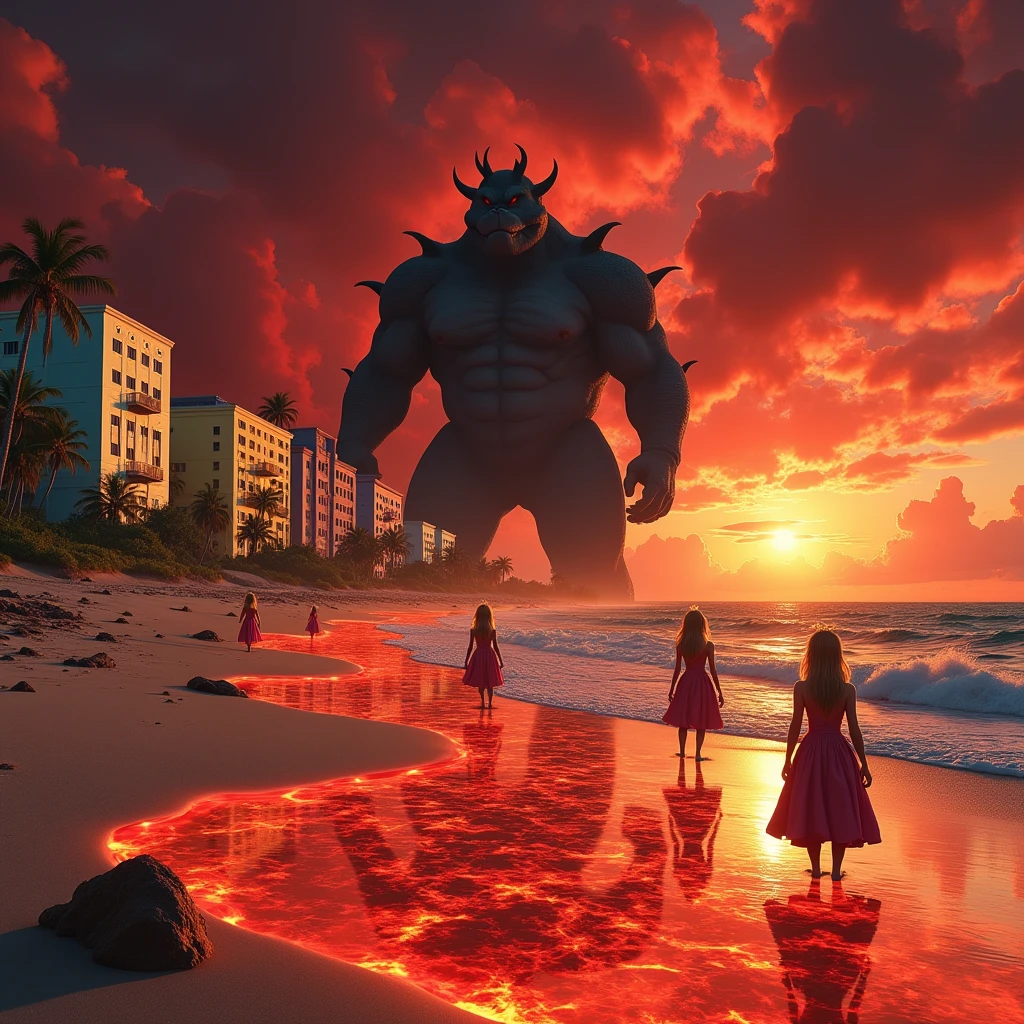 black shadow of bowser with peaches on a beach in vice city gta burning in red lava, red sky