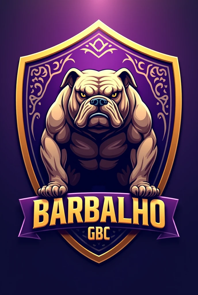 Create a shield for a football team called Barbalho GBC in Portuguese, purple and gold colors, bulldog