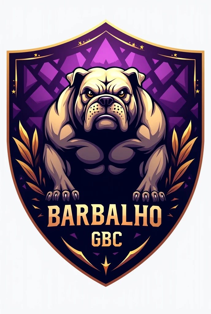 Create a shield for a football team called Barbalho GBC in Portuguese, purple and gold colors, bulldog
