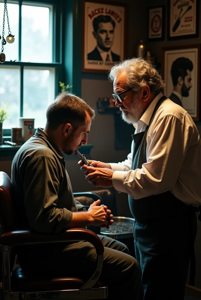 Middle-aged barber pulling out a patient&#39;s tooth