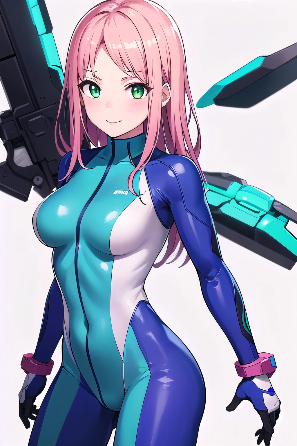 1girl,Samus aran,solo,green eyes, pink hair, forehead hair, white zero suit,white body suit,purple stripes,cowboy shot,blush,,Science fiction,ultra-detailed,sharp focus,aesthetic,(best quality), white background, smile
