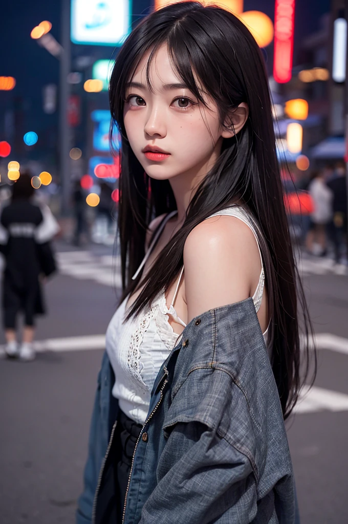 1girl, Tokyo street,night, cityscape,city lights, upper body,close-up, 8k, RAW photo, best quality, masterpiece,realistic, photo-realistic,