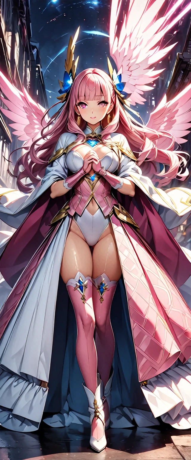 (Perfect Anatomy)、Mastepiece、Ultra High Quality、 8k、masterpiece、Highest quality、Ultra-high resolution、Maximum resolution、Very detailed、Professional Lighting、anime、woman、thin、so beautiful、Highly detailed eye、Highly detailed face、Golden earrings、Pink Hair,、Pink eyes、Detailed costume patterns、Mid-chest、Blue jewel on chest, makeup, eyeliner, eye shadow, pink cheek, pink lips, upper arm pink armor, white leotard, pink pattern, full body, magical girl, Angel Girl, Are standing, pink thigh high stockings, white super long boots, pink gauntlet, high heels, blunt bangs, Hime cut, bridal hair accessory, paladin robe, Cloaked in a rainbow-colored light, Gathering energy in hands, enraged, Random Pause、