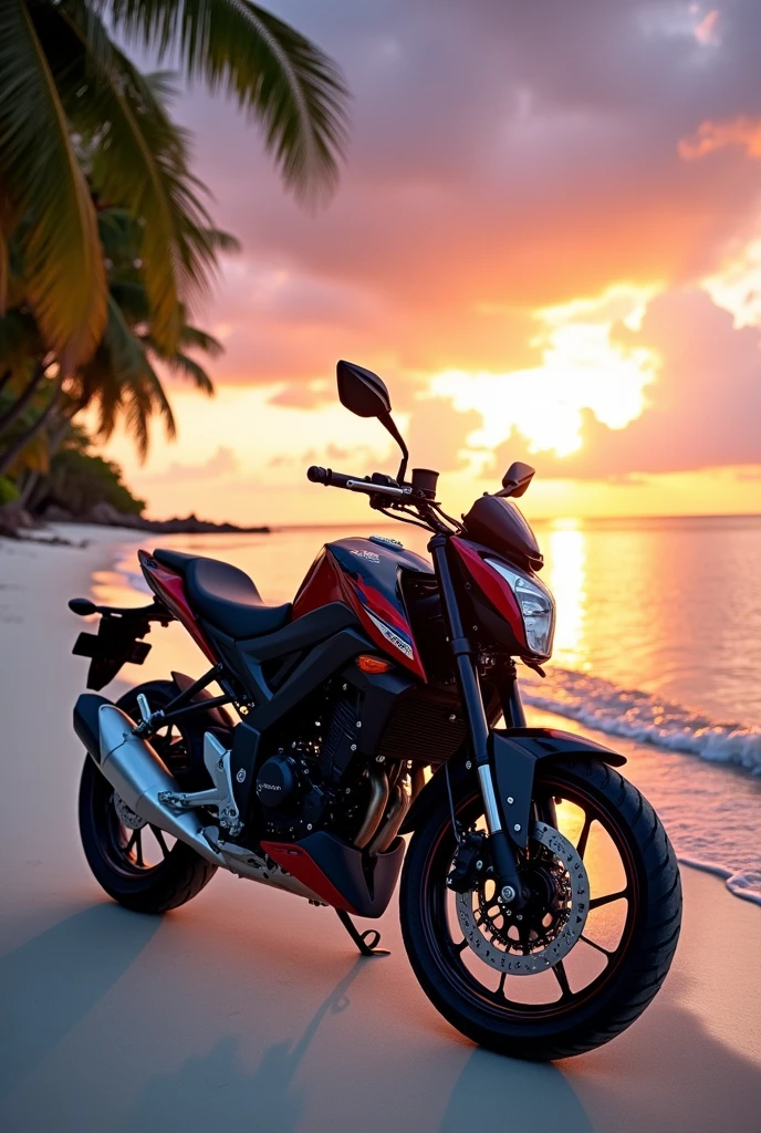 I want to see a fz 2.0 black and red in the middle of a beautiful sunset at sea, on a paradise beach