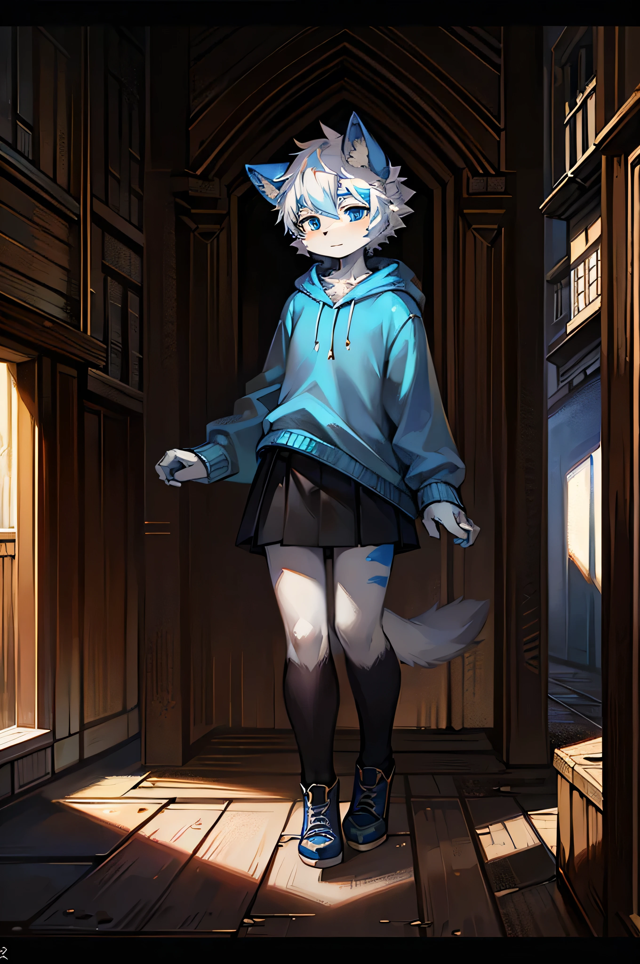 Furry, Anime furry, anthro male cat, light blue and white fur, short white hair, solo, blue sweatshirt, full body character, anime style character, digital painting, black skirt, medieval village, black medieval shoes