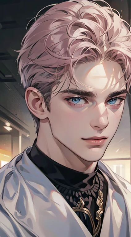 (best quality,4k,8k,highres,masterpiece:1.2),ultra-detailed,(realistic,photorealistic,photo-realistic:1.37),1 man,31 years old,mature man,very handsome,without expression,smile,short grey pink hair,blue eyes,penetrating gaze,perfect face without errors,imposing posture,businessman,office background,cinematic lighting,hdr image