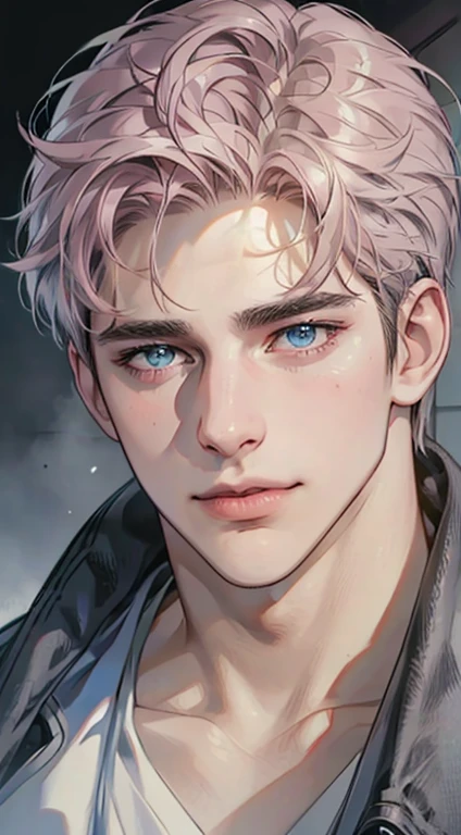 (best quality,4k,8k,highres,masterpiece:1.2),ultra-detailed,(realistic,photorealistic,photo-realistic:1.37),1 man,31 years old,mature man,very handsome,without expression,smile,short grey pink hair,blue eyes,penetrating gaze,perfect face without errors,imposing posture,businessman,office background,cinematic lighting,hdr image