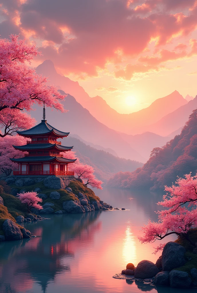 Generate a 700x1280 pixel banner with an oriental theme with landscapes