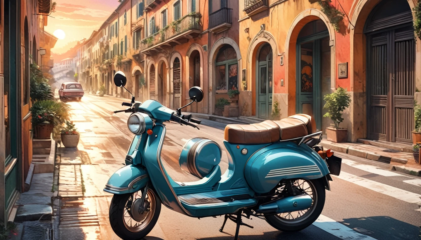 Historical masterpieces,Sunset in an Italian city,Picture of a retro moped parked on the road, Beautiful artwork, OutRun art style, Beautiful digital art, Great art style, Retro style, Landscape Background,, Highly detailed digital painting,Watercolor style, super Realistic painting style, Detailed 4K painting, Realistic painting style, Awesome Wallpapers