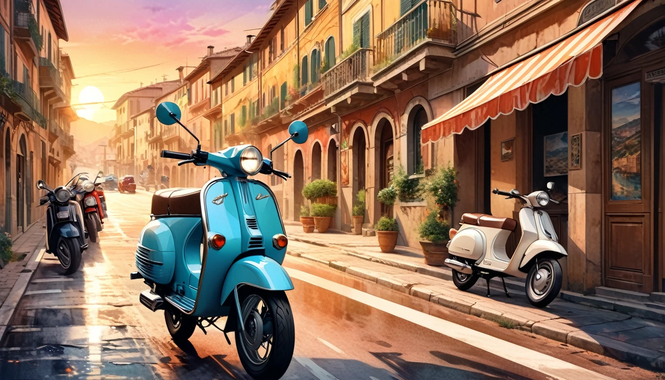 Historical masterpieces,Sunset in an Italian city,Picture of a retro moped parked on the road, Beautiful artwork, OutRun art style, Beautiful digital art, Great art style, Retro style, Landscape Background,, Highly detailed digital painting,Watercolor style, super Realistic painting style, Detailed 4K painting, Realistic painting style, Awesome Wallpapers