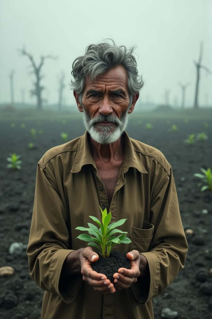 Farmer in the middle of a field burned by pollution with a plant in his hands