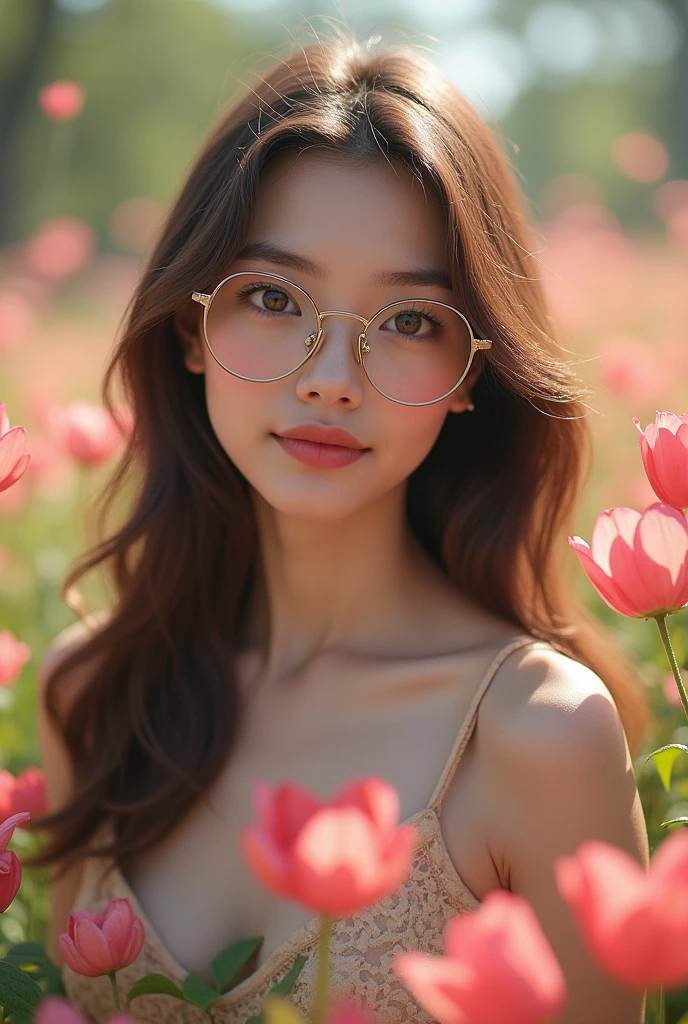 Pearly skin woman 20 years old, slanted eyes with glasses, straight brown hair, slim build, naked little ladies