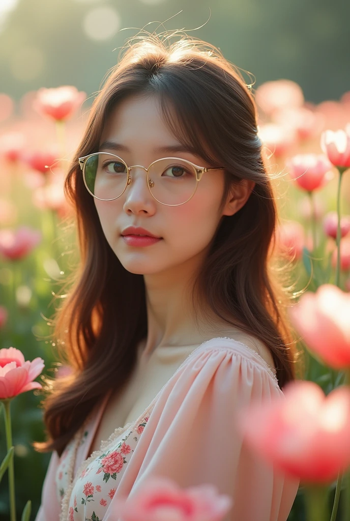 Pearly skin woman 20 years old, slanted eyes with glasses, straight brown hair, slim build, naked little ladies