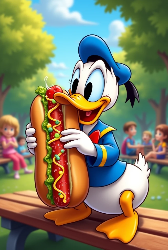 Donald Duck eating a hot dog