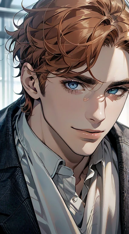 (best quality,4k,8k,highres,masterpiece:1.2),ultra-detailed,(realistic,photorealistic,photo-realistic:1.37),1 man,31 years old, man,very handsome,without expression,smile,short grey orange hair,blue eyes,penetrating gaze,perfect face without errors,imposing posture,businessman,office background,cinematic lighting,hdr image