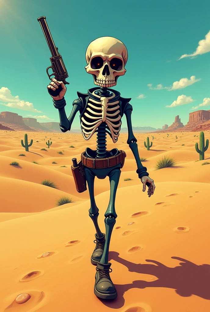 a skull, carrying two revolvers, walking in the desert, in 90's anime style 