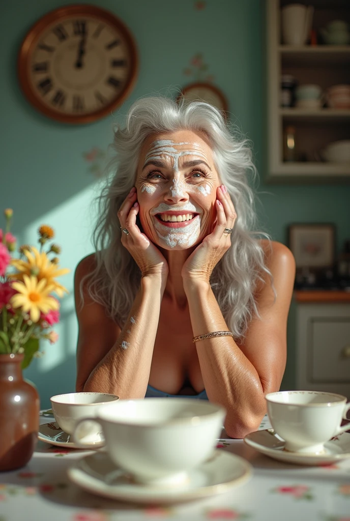 a hot old lady kneeling with milk all over her face