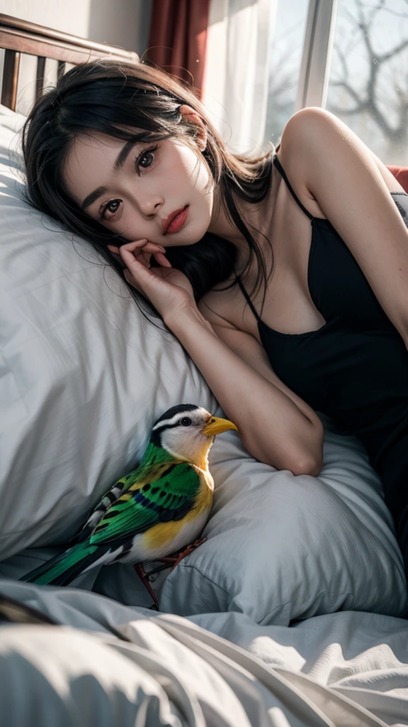 1 woman, lying in bed, ((bird'eye view shot)), ((cowboy shot)), night, Candlelight, Show off your exquisite body and elegant curves, slim body, big bust, split, sexy legs, big eyes, Graceful posture, long hair, brown hair, Perm, Huge waves, night, Candlelight, disapproval, masterpiece, best quality, correct, 解剖学correct, official art, complicated, Detail的脸, Detail, lifelike, Very Detailed, official art