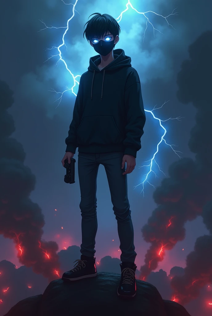 A shadow boy holding a PlayStation 5 controller ,anime style, while standing on a while standing on a shadow people, wearing a skinny jean,black hoodie ,dark smoke arising in the background,with small blue glowing eyes with blue flame,with a small french crop hair style ,wear a facemask ultra hd ,side ways view , with red lightening
