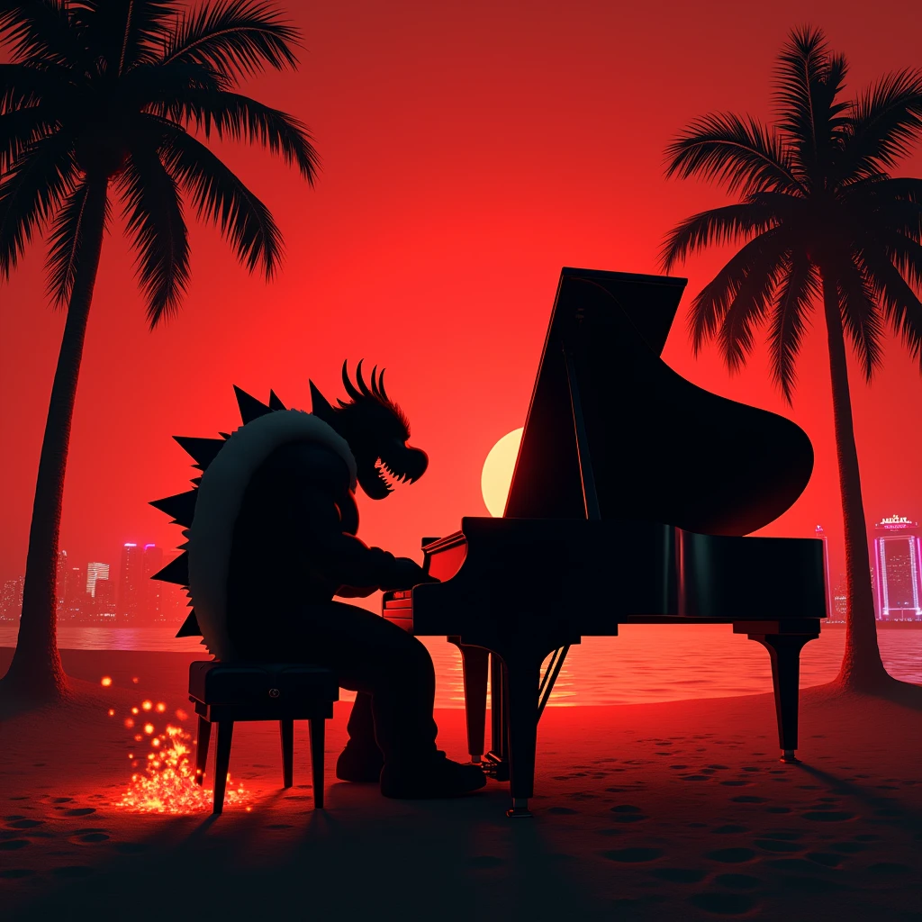 Black shadow of Bowser playing a piano on a beach in Vice City GTA burning in red lava, red sky
