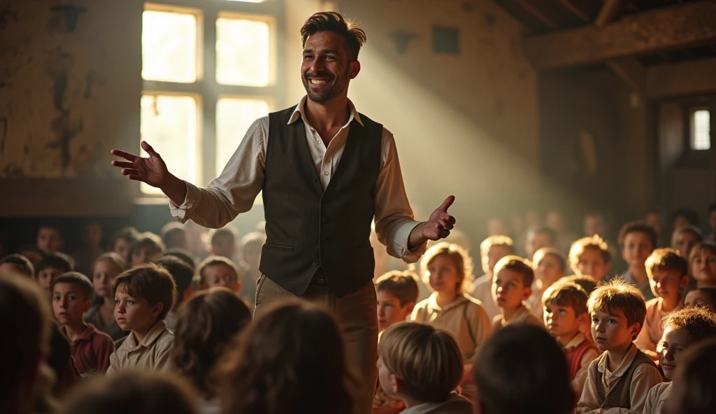 A man speaking to hundreds of children in his orphanage in 1800s Germany