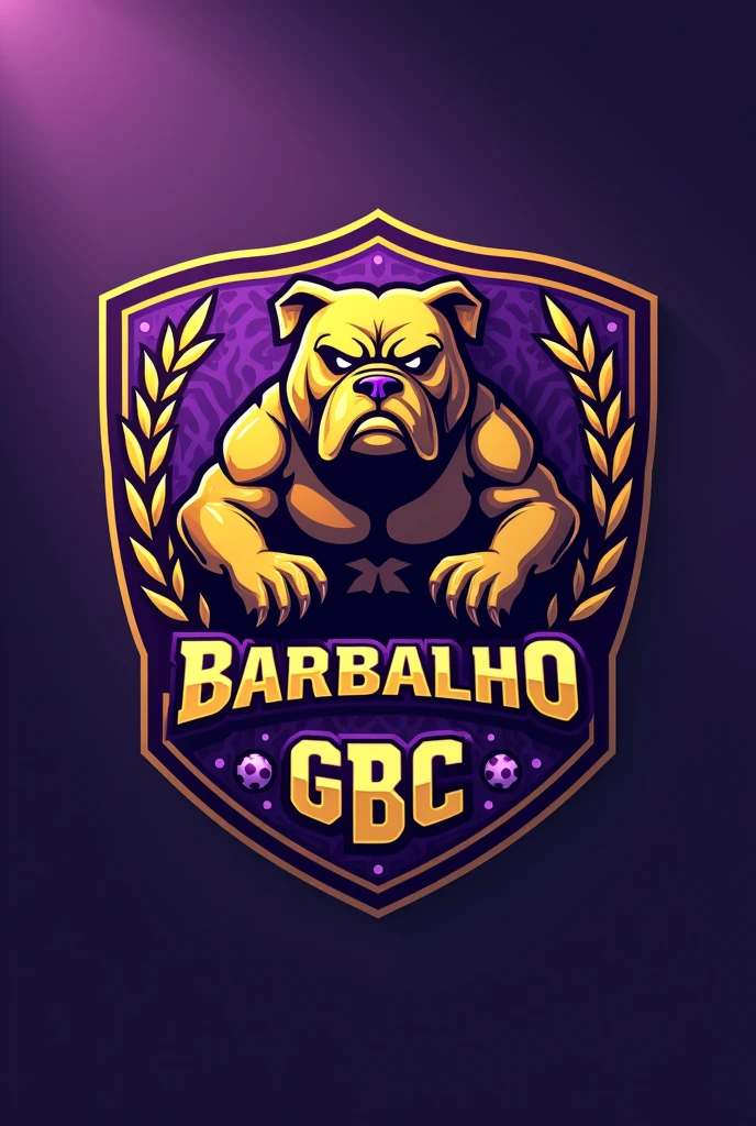 Create a shield for a football team called Barbalho GBC in Portuguese, purple and gold colors, bulldog
