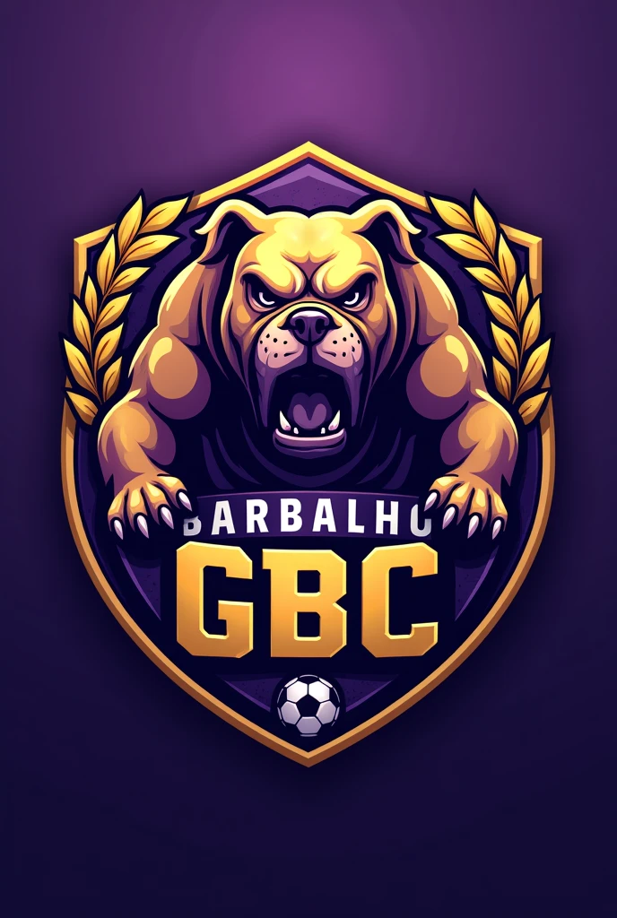 Create a shield for a football team called Barbalho GBC in Portuguese, purple and gold colors, bulldog
