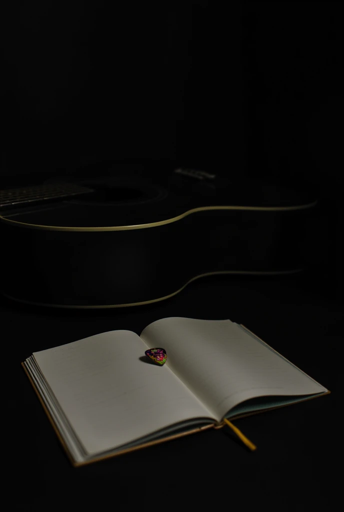 a black acustic guitar with a notebook next to it and a guitar pick on top of the notebook and no one just the guitar in a dark place with the acustic guitar lying down and the notebook on its side and a little close