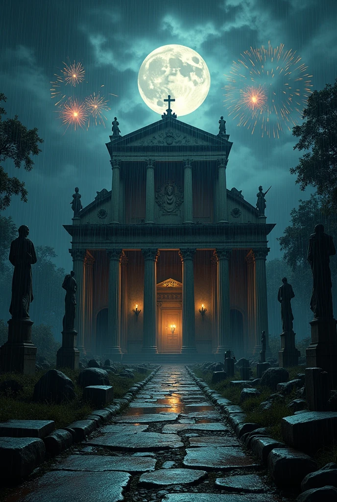 roman catholic church temple, middle ages, in ruins, night with rain, dense clouds and full moon, 4k image, cinematic, high quality, limbos on the walls, presence of demons inside, columns in perspective, roman and greek statues, trees nearby, wet floor, presence of fireworks,