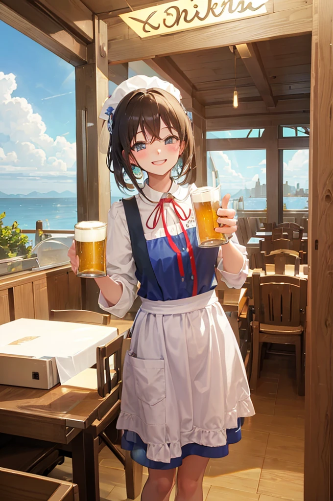 Beer , Bright smile, cup, Lightブルーのロングヘア, Holding cup, Mug, alcohol, food, Holding,, ribbon, Beer Mug, , apron, waitress, neck ribbon, shirt, Laughter, Happy, Bright smile, Dark Eyes、
New Munich, scenery, table, Outdoor, blue sky、Chair, window, ceiling Light, restaurant, Light,