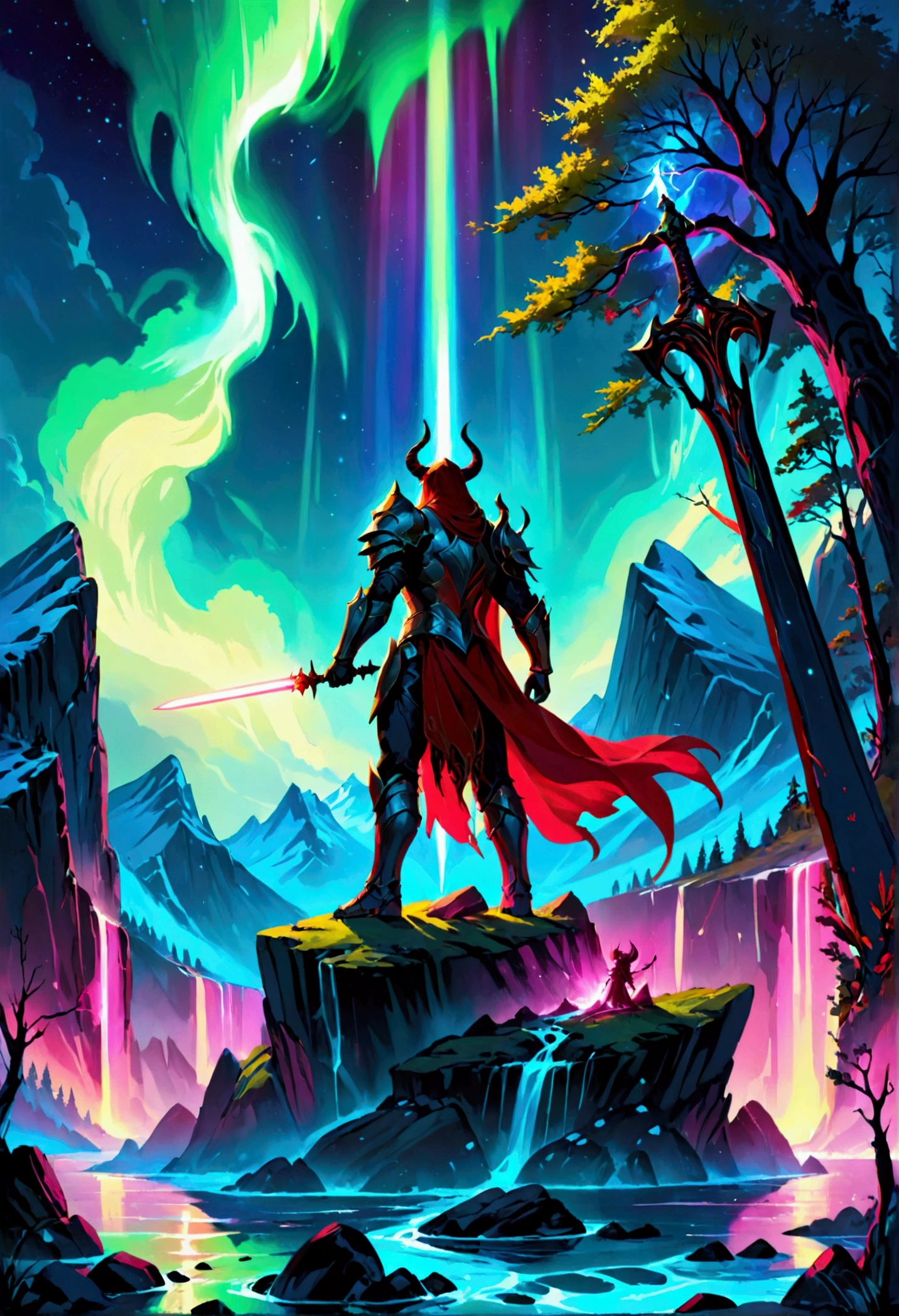*an imposing hero on top of a mountain*, (northern lights), (luminous armor), (heavenly lights), holding a sword of light, (old book), (mystical power),  ao redor, (Nephilims), (demons), (dark creatures), (grimdark), (field of battle), (weathered rocks), (ancient trees), (rivers of neon light), (cor predominate: black and red), The glorious dawn begins to appear on the horizon, bathing the scene in vibrant shades of yellow, purple, and blue, (epic atmosphere), (detailed), (4k Ultra Resolution).