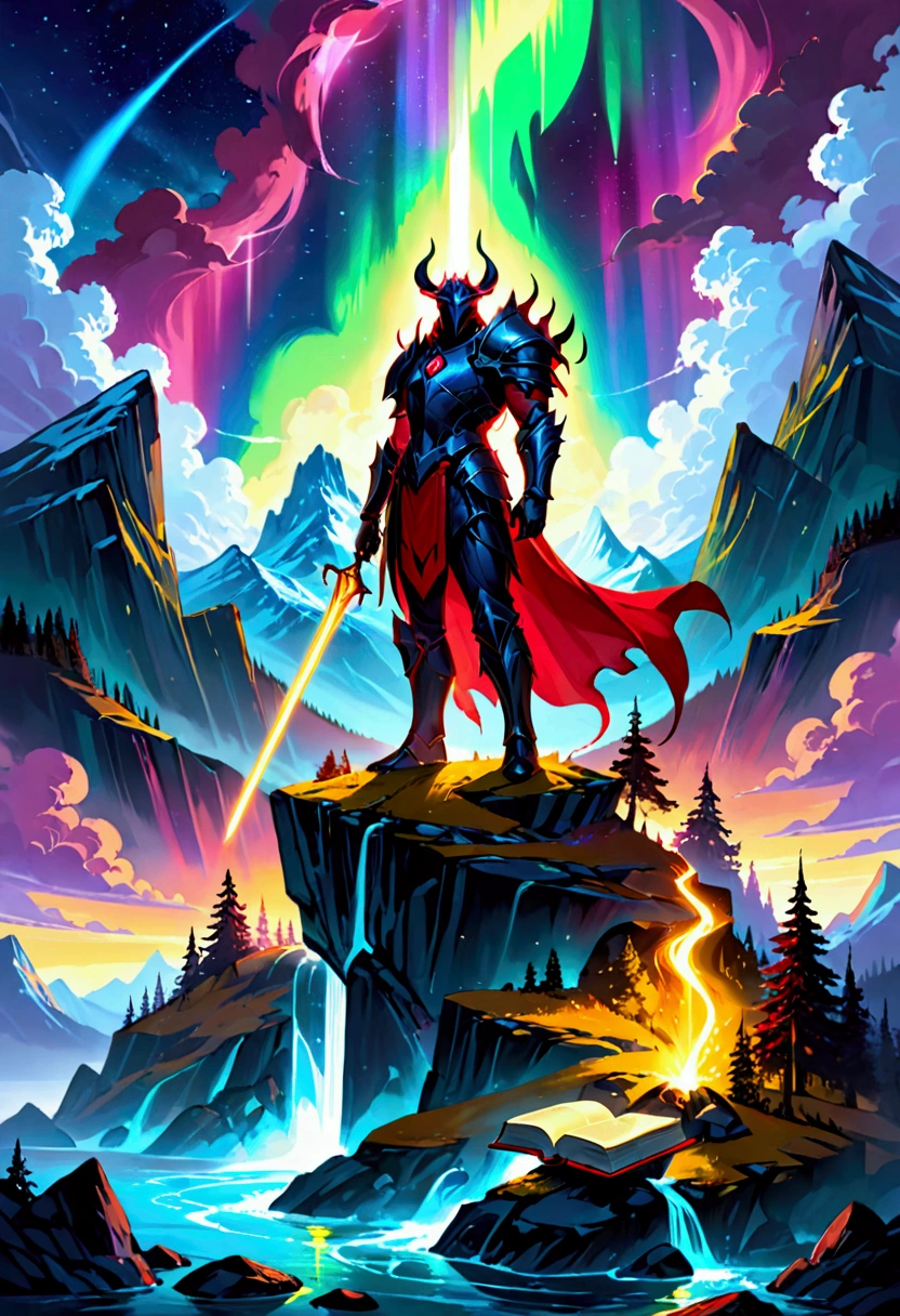 *an imposing hero on top of a mountain*, (northern lights), (luminous armor), (heavenly lights), holding a sword of light, (old book), (mystical power), ao redor, (Nephilims), (demons), (dark creatures), (grimdark), (field of battle), (weathered rocks), (ancient trees), (rivers of neon light), (cor predominate: black and red), The glorious dawn begins to appear on the horizon, bathing the scene in vibrant shades of yellow, purple, and blue, (epic atmosphere), (detailed), (4k Ultra Resolution).