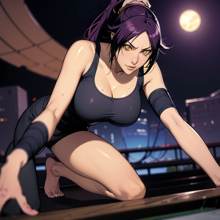 ((Master quality, 8K, masterpiece:1.3, ultra-detailed, high resolution, RAW Photos, detailed , blurry, Actual, hyper realistic, photo, HDR)), BREAK, Anatomically perfect, perfect hands, perfect legs, perfect feet, detailed eyes, BREAK, One person alone, yoruichi shihouin, long hair, (yellow eyes:1.5), ponytail, purple hair, (((dark skin, dark-skinned female))),, BREAK, beautiful face, beautiful detailed eyes, (sexy posing ), , ( Round and Stacked Breasts ), Cleavage, abs, seductive smile:1.5, Sweat-soaked skin, BREAK, wearing( ), , Graffiti art, BREAK, ( Random Angle, full-body, ), dynamic angle, , background(Realistic , cinematic lighting, depth of field, night , the full moon,, Samurai residence city atmosphere, hot spring , light particles)