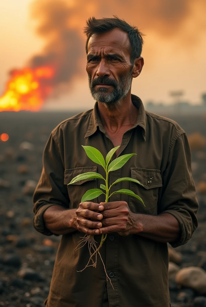 Farmer in the middle of a burning field burned by pollution with a plant in his hands