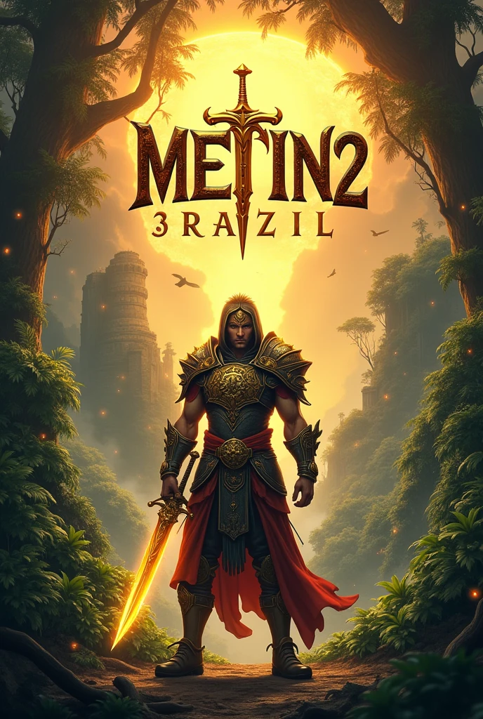 An image with the name "Metin2 Brazil" And a subtitle written below " The beginning again" . With resplendent background 
