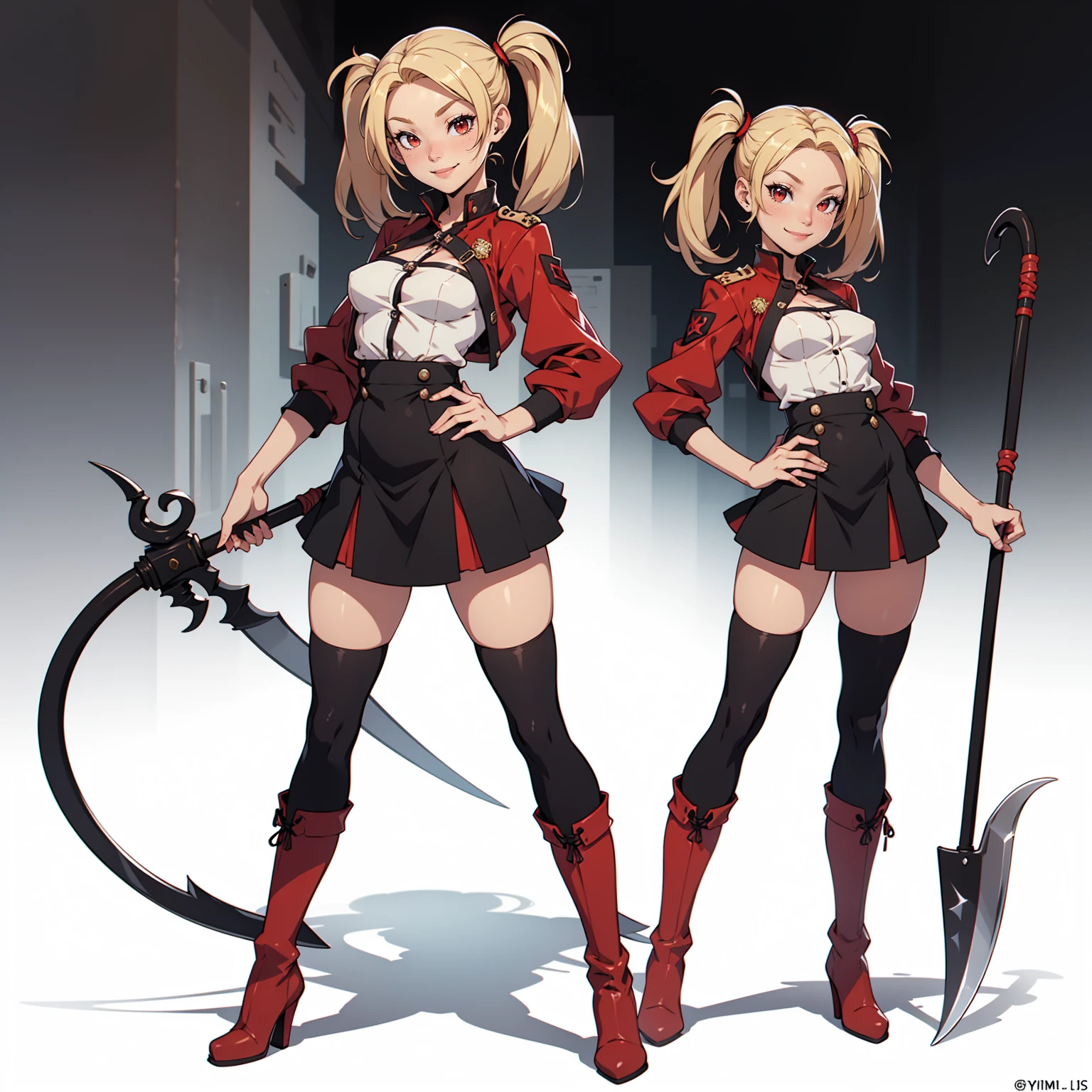 Very detailed, smiling facial expression, figure, full body view, small breasts, blonde hair with twintails, red eyes, looking at viewer, black and red uniform, skirt, black boots, holding scythe, sexy pose.