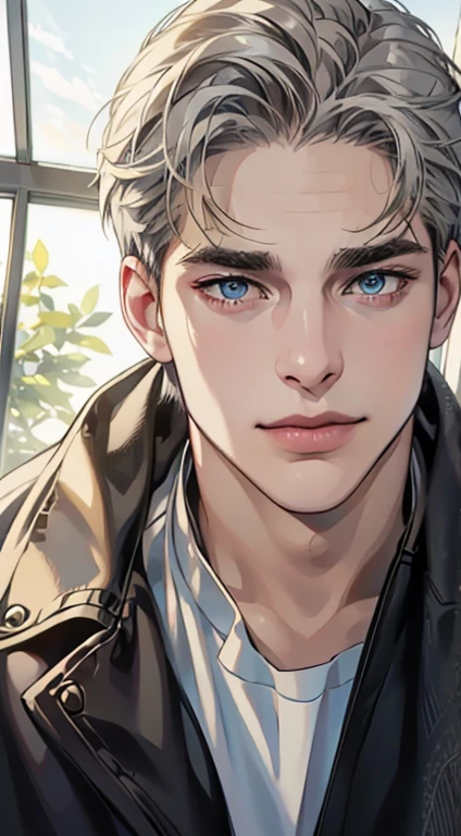 (best quality,4k,8k,highres,masterpiece:1.2),ultra-detailed,(realistic,photorealistic,photo-realistic:1.37),1 man,31 years old,mature man,very handsome,without expression,smile,short grey golden hair,blue eyes,penetrating gaze,perfect face without errors,imposing posture,businessman,office background,cinematic lighting,hdr image