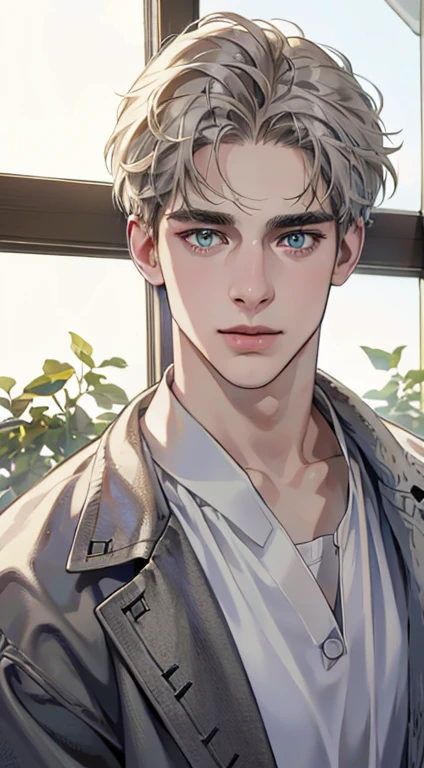 (best quality,4k,8k,highres,masterpiece:1.2),ultra-detailed,(realistic,photorealistic,photo-realistic:1.37),1 man,31 years old,mature man,very handsome,without expression,smile,short grey golden hair,blue eyes,penetrating gaze,perfect face without errors,imposing posture,businessman,office background,cinematic lighting,hdr image