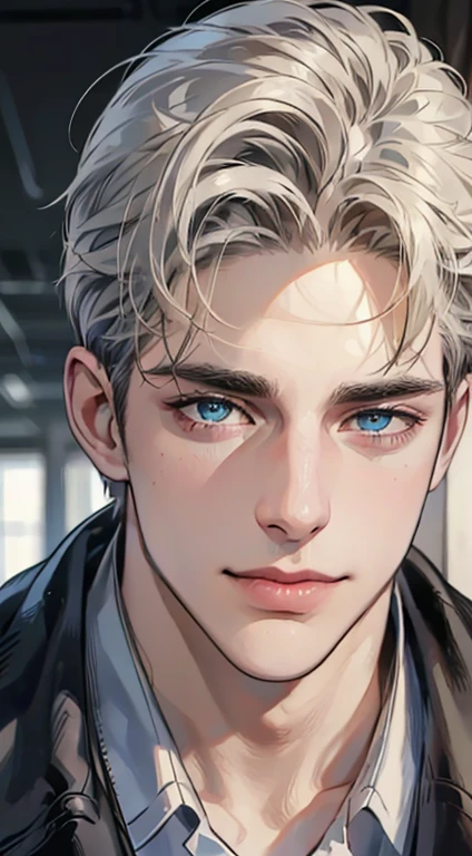 (best quality,4k,8k,highres,masterpiece:1.2),ultra-detailed,(realistic,photorealistic,photo-realistic:1.37),1 man,31 years old,mature man,very handsome,without expression,smile,short grey golden hair,blue eyes,penetrating gaze,perfect face without errors,imposing posture,businessman,office background,cinematic lighting,hdr image